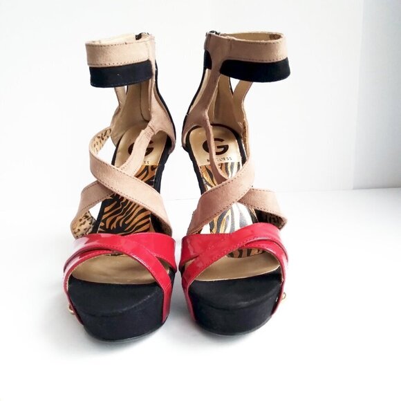 Black & Beige Suede Ankle Strap High Heel  Platform Red Patent Peep Toe  Sz 7M - Picture 3 of 12